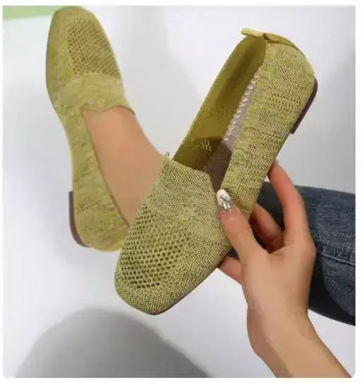 Cor sólida dedo do pé quadrado malha mocassins rasos mulheres apartamentos sapatos de fundo macio malha ballet apartamentos sapatos casuais deslizamento em sapatos de barco