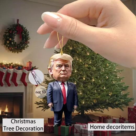Natal acrílico pendurado ornamento para carro e árvore, pingente dos desenhos animados engraçados, Trump-Inspirado, presente perfeito do feriado, 1pc