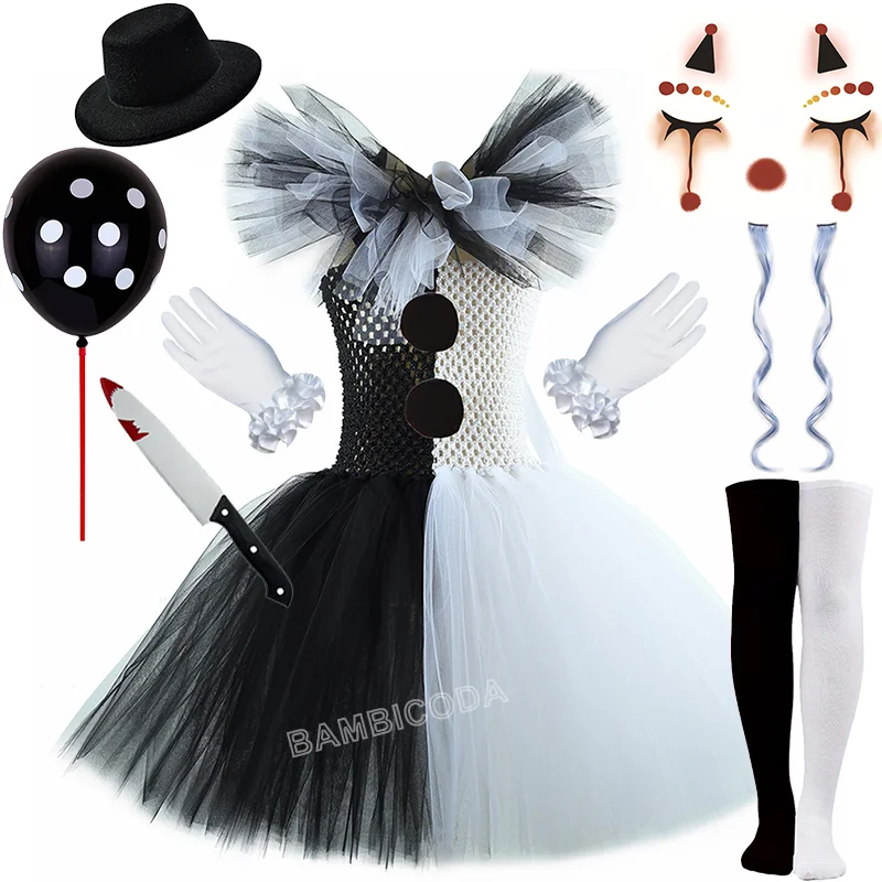 O traje de palhaço terrível arte menina preto branco fantasia tutu vestido horror coringa vestido para meninas trajes de festa de carnaval de halloween