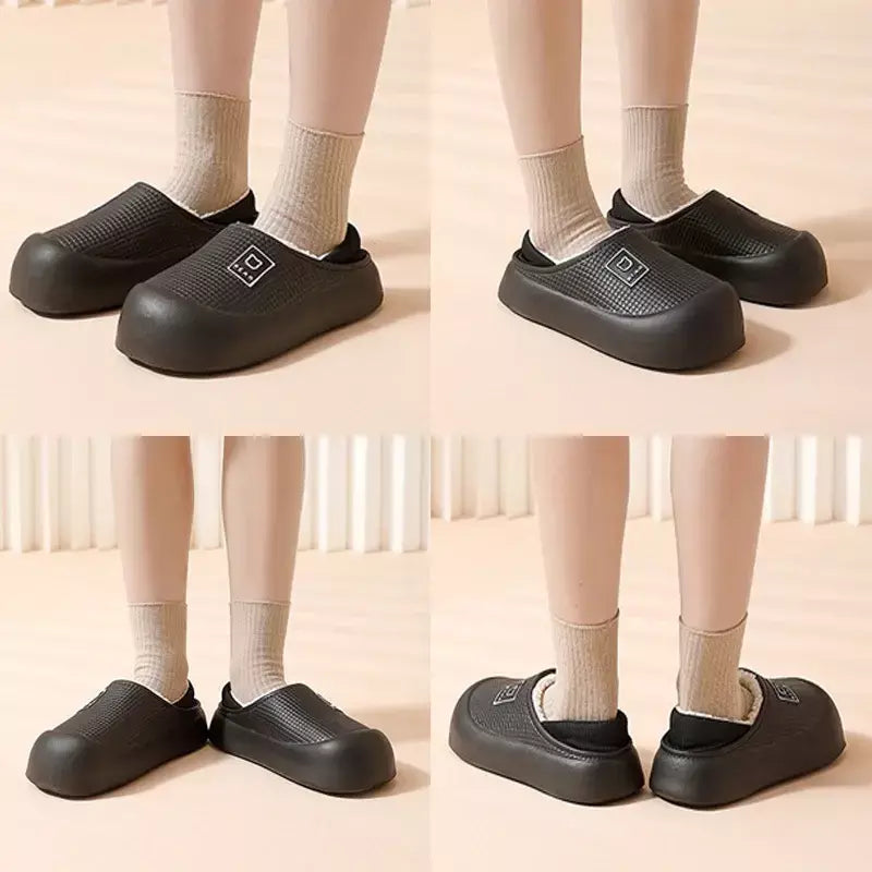 Chinelos de algodão para mulheres inverno saco à prova dwaterproof água salto quente antiderrapante chinelos de pelúcia para homens fundo grosso sapatos de casal