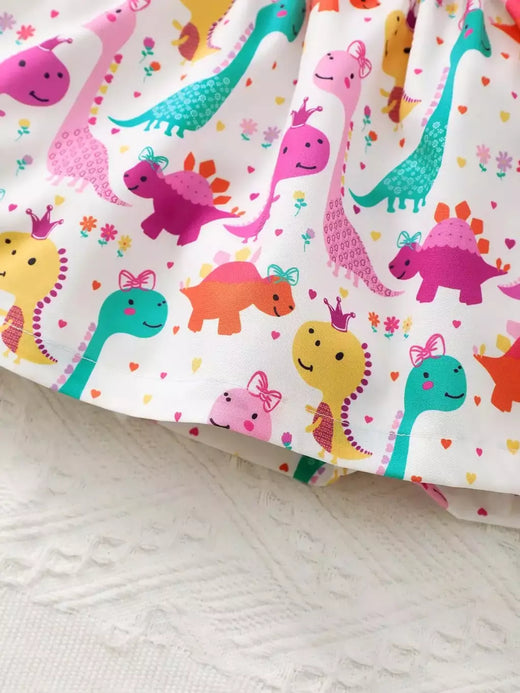 Vestido sem mangas de dinossauro pequeno para menina, saia legal dos desenhos animados, adequado para o verão à beira-mar e areia, moda para criança, 0 a 3 anos