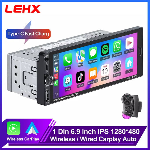 Lehx 6.9 Polegada 1din universal mp5 rádio do carro suporte sem fio carplay android auto aux ips tela de toque reprodutor vídeo multimídia