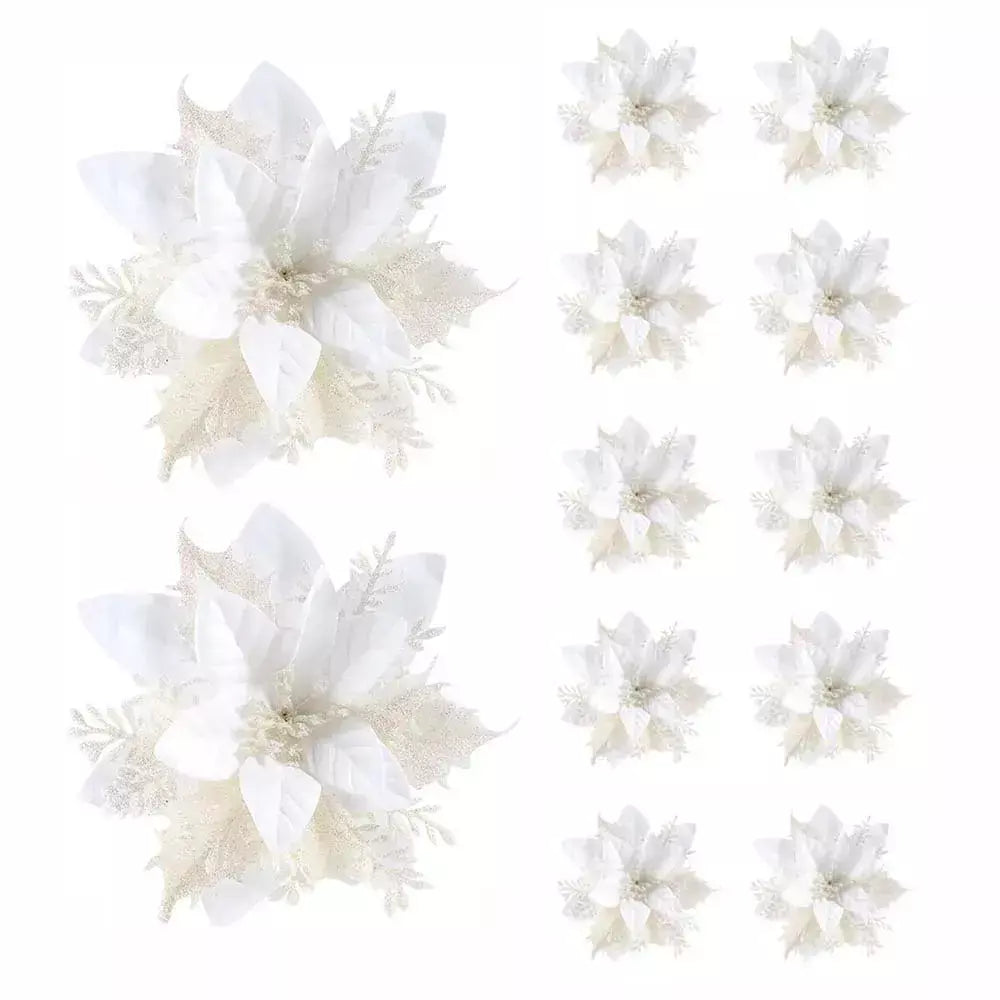 Flores artificiais com glitter para árvore de Natal, enfeites de Natal, rosa, vermelho, dourado, decoração de Natal para casa, 14,5 cm