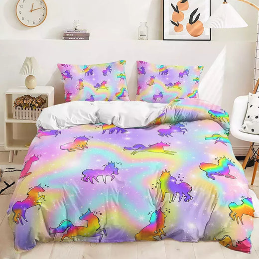 Conjunto de cama de unicórnio arco-íris, king size, queen, unicórnios arco-íris, conjunto de capa de edredom com fronha, roupa de cama de poliéster para crianças e meninas