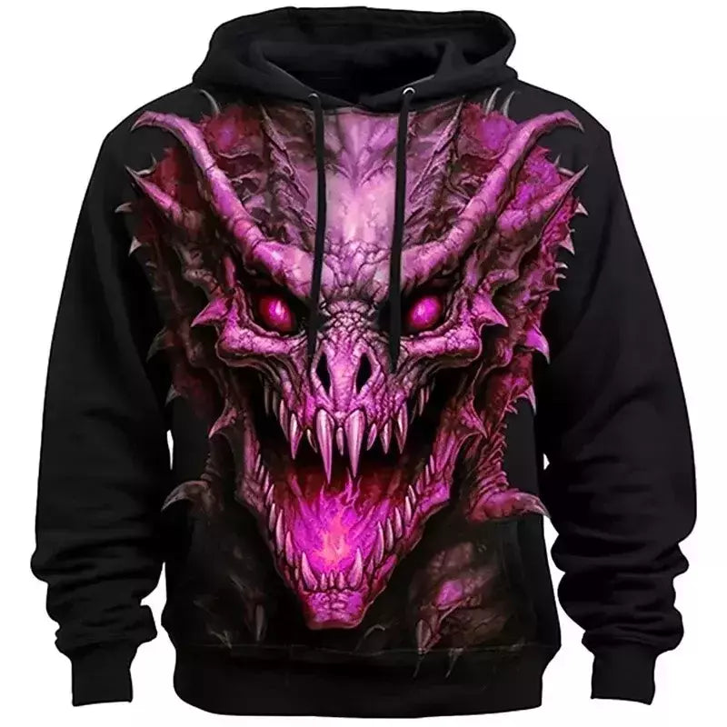 Moletom com capuz dragão estampado em 3D, pulôver casual, moletom de rua, roupas masculinas grandes, nova moda, outono e inverno