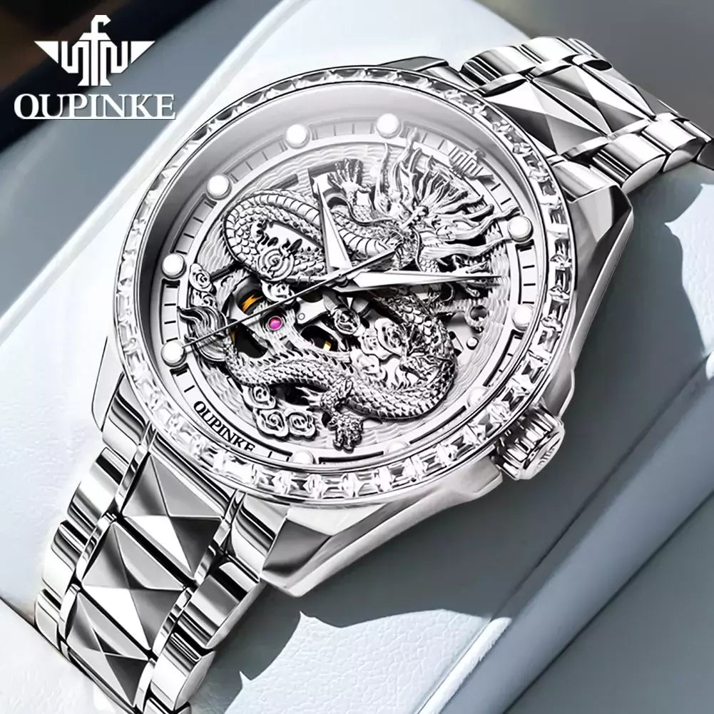 OUPINKE-impermeável relógio mecânico automático para casal, tungstênio tira de aço, movimento importado, dourado, luxo, original