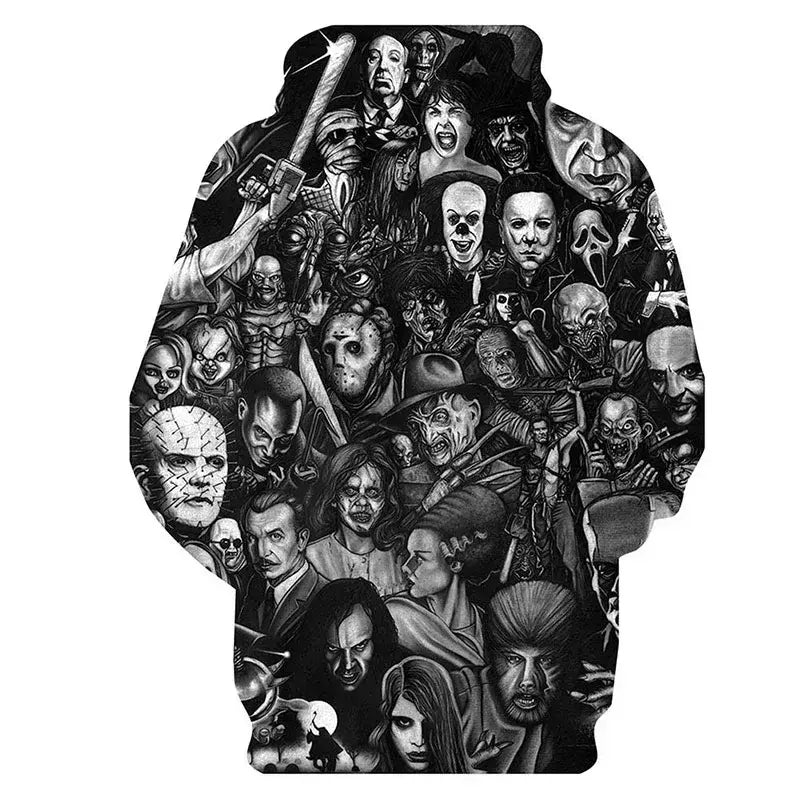 Moletons com capuz grandes para homens e mulheres, pulôver impresso 3D de filmes de terror, moletons legais, personalidade casual, nova chegada
