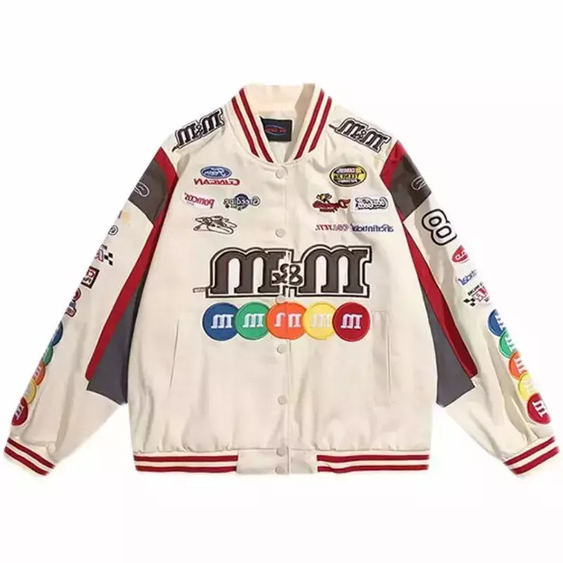 Sobretudos bordados para mulheres, uniforme de beisebol, jaqueta solta, casacos vintage, estampa de motocicleta, moda, outono e inverno