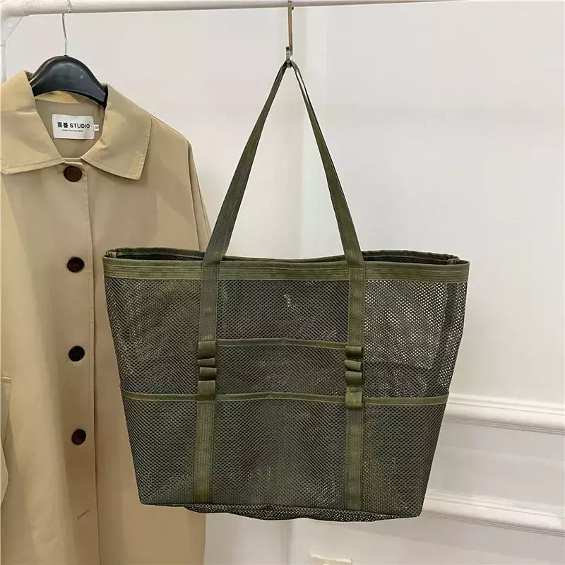 Bolsa de praia de malha portátil para mulheres, maquiagem, bolsa de lavagem, organizador de banho, Shopper Totes, verão