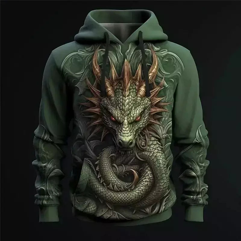Moletom com capuz dragão estampado em 3D, pulôver casual, moletom de rua, roupas masculinas grandes, nova moda, outono e inverno