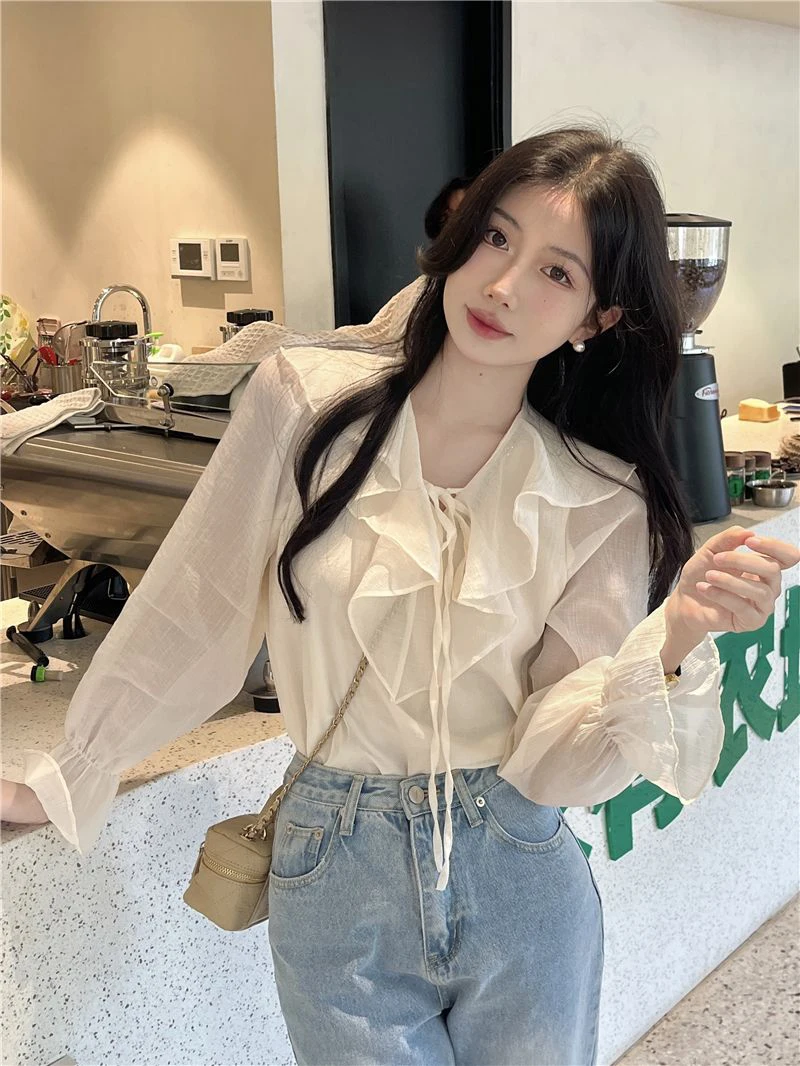 GIDYQ-Blusa coreana de meia gola aberta para mulheres, camisa de escritório para senhoras, pulôver solto, doce, todos os jogos, tops femininos chiques, sólidos, verão, novos