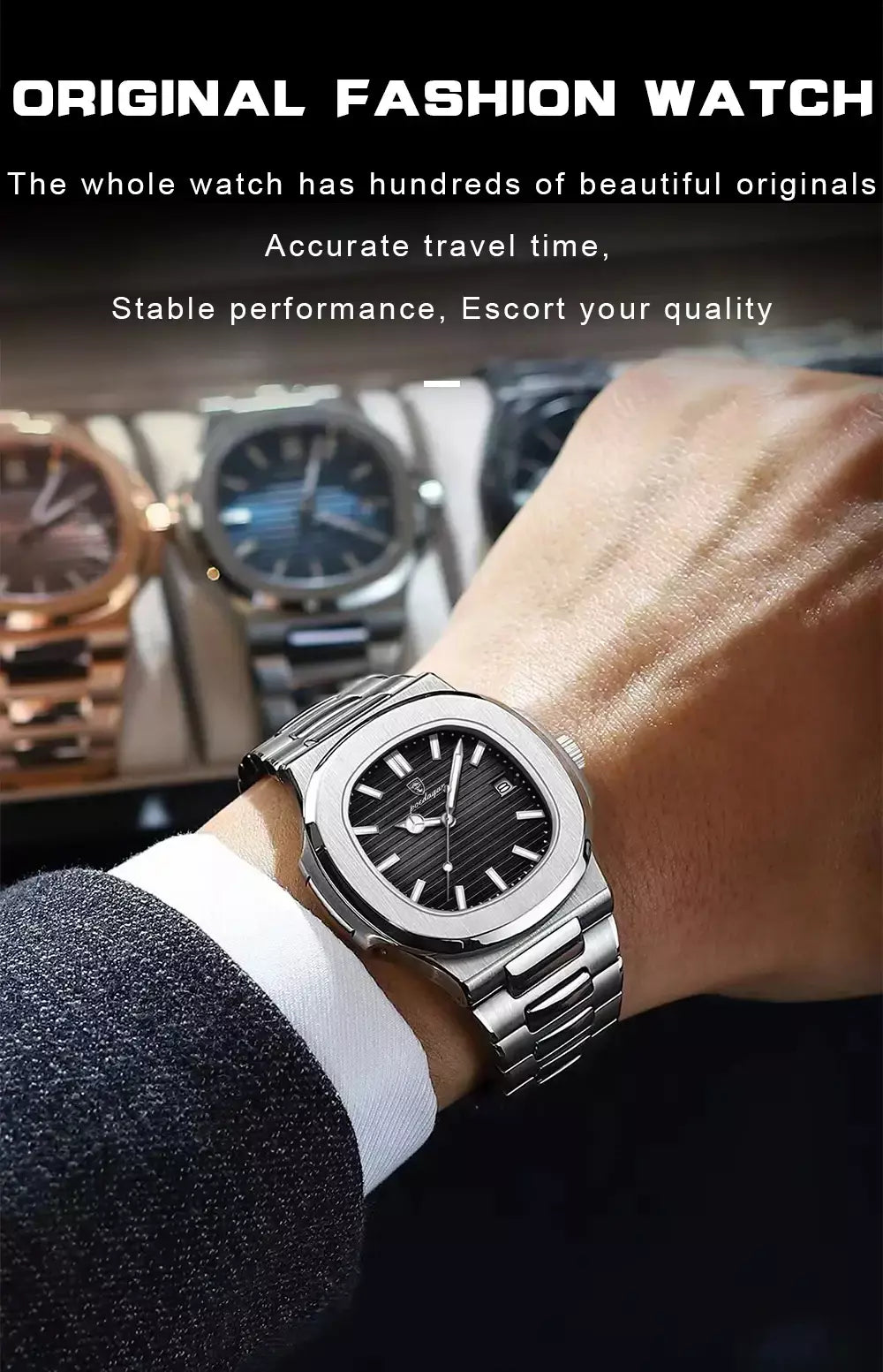 Poedagar quadrado na moda relógio de pulso masculino luminoso à prova dwaterproof água relógio de aço inoxidável para homem data quartzo negócios relógios masculinos reloj