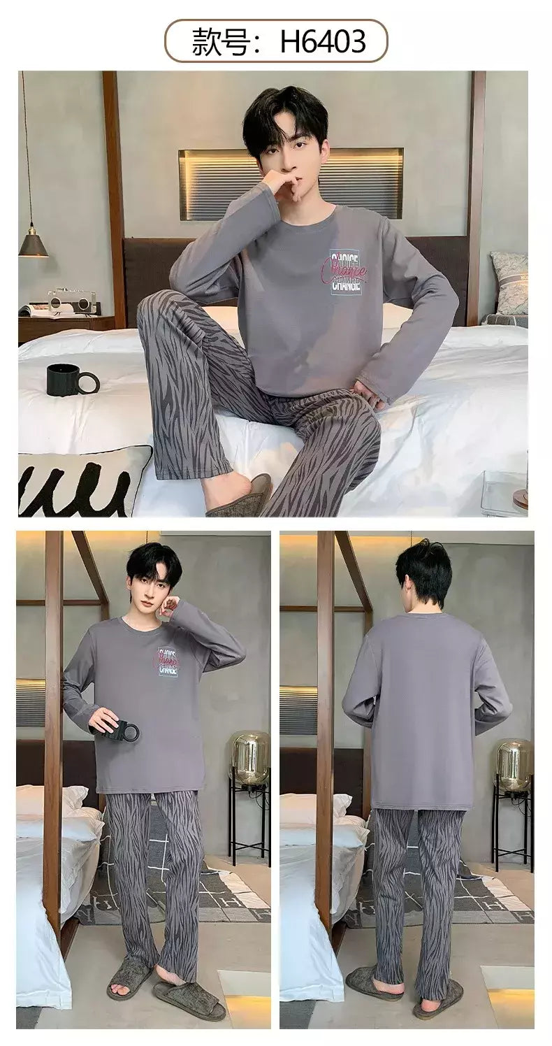 Pijama de algodão de duas peças masculino, calça de manga comprida, traje caseiro, estudante e adolescente, novo outono