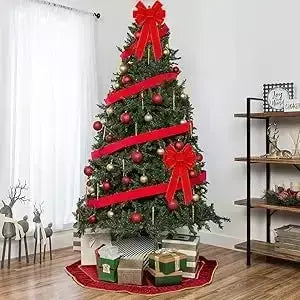 Laços de natal vermelhos decorações ao ar livre grande árvore de natal arco superior grinalda de veludo com glitter borda dourada decoração da porta da frente