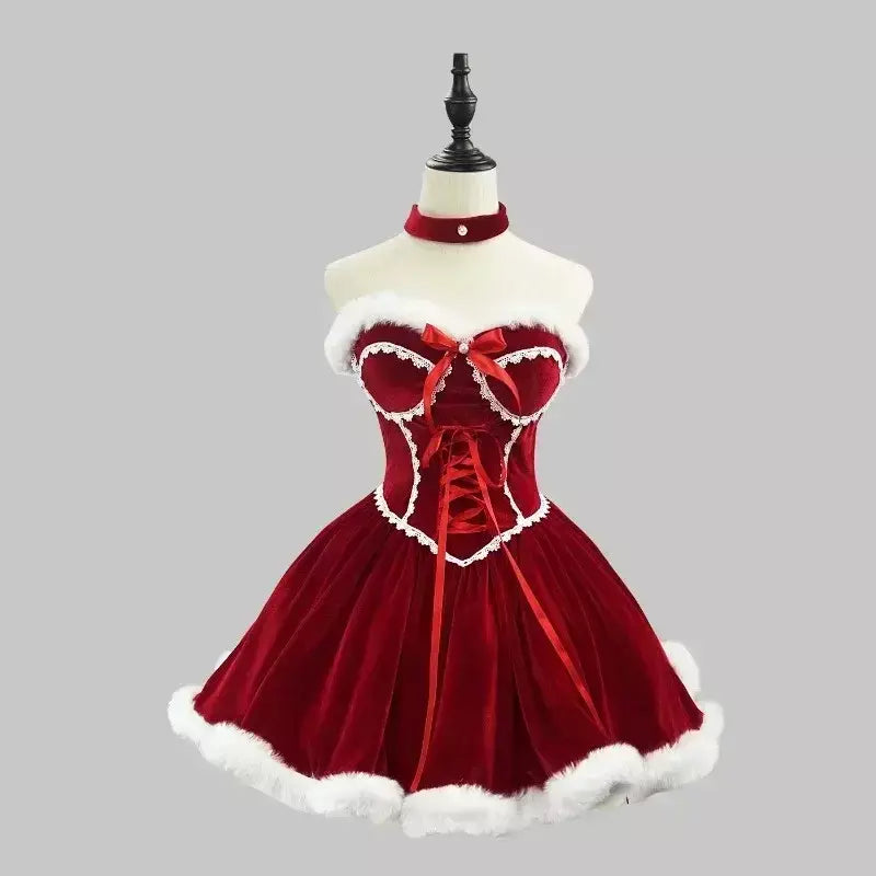 Ano novo vestido vermelho manto cosplay plus size roupas de natal capa feminina role play outfit conjunto completo quente traje de férias meninas