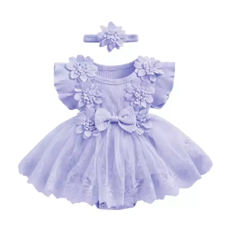3d flor verão bebê meninas macacão princesa malha roupas recém-nascidos rendas retalhos plissado bodysuit vestido bandana crianças roupas