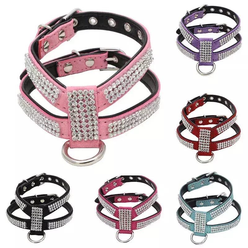 Coleira para cães, cinta peitoral ajustável, produtos para animais de estimação, coleira para cães, liberação rápida, brilhante, em forma de k, strass, couro pu
