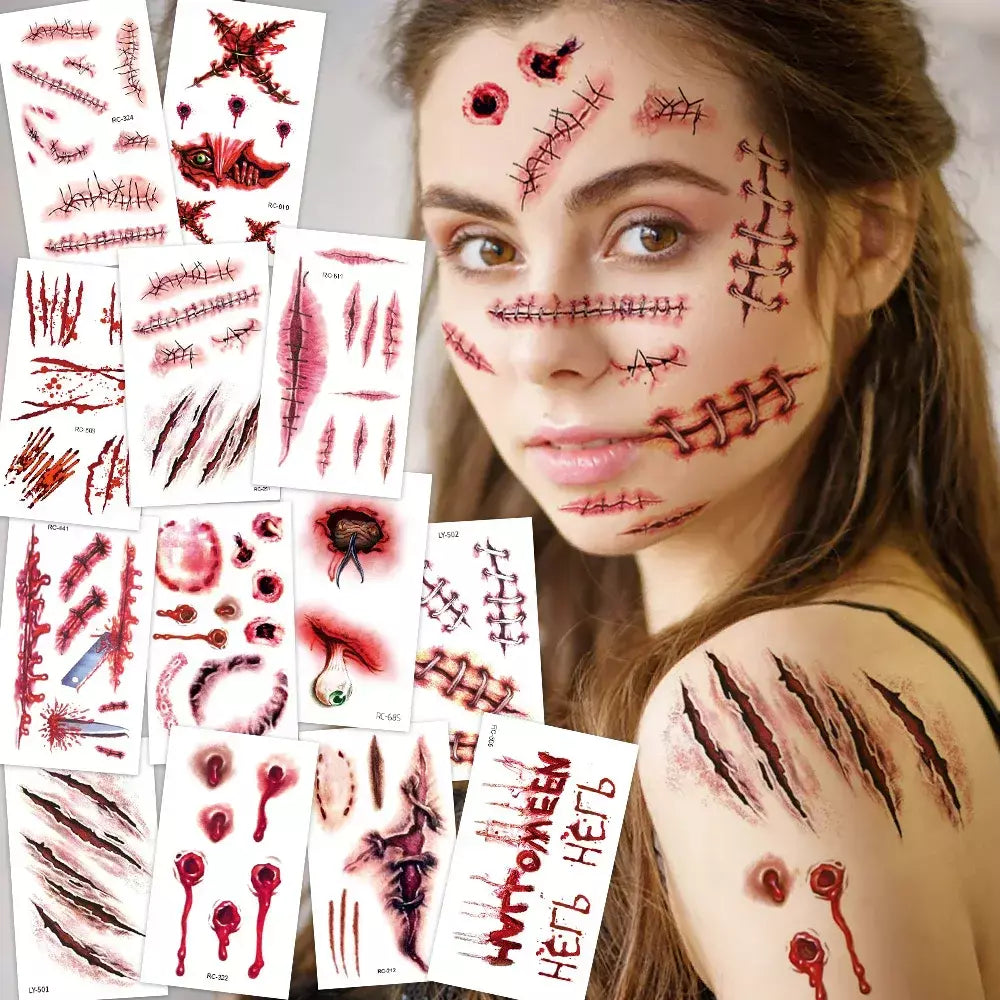 32 peças tatuagens temporárias de cicatriz falsa 3D de Halloween - designs de feridas sangrenas e zumbi para rosto/corpo, festa de fantasia, brincadeira e cosplay ?