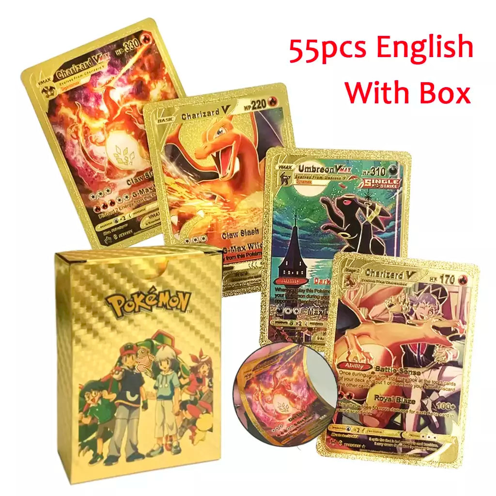 Novo 27-110 pçs cartas pokemon cartões francês inglês espanhol alemão folha de ouro silve cartões charizard vmax gx jogo coleção cartão
