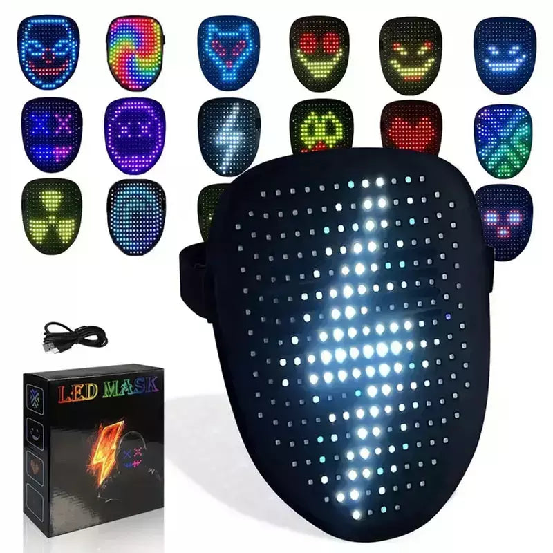Máscara Luminosa LED com RGB Full Color, Face Changing, Brilhando, Halloween, Natal, Carnaval, Traje, DJ, Light Up, Party Cosplay