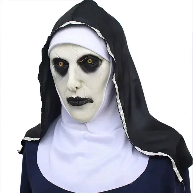 Assustador Freira Cosplay Látex Máscara com Lenço, Máscara Horror, Freira, Traje De Halloween