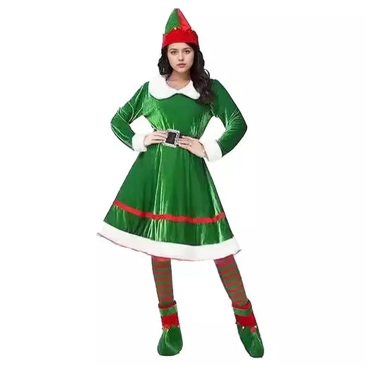 Traje de papai noel vestido de elfo de natal roupa feminina veludo festa cosplay vestidos verdes com chapéu meias cinto e sapatos terno