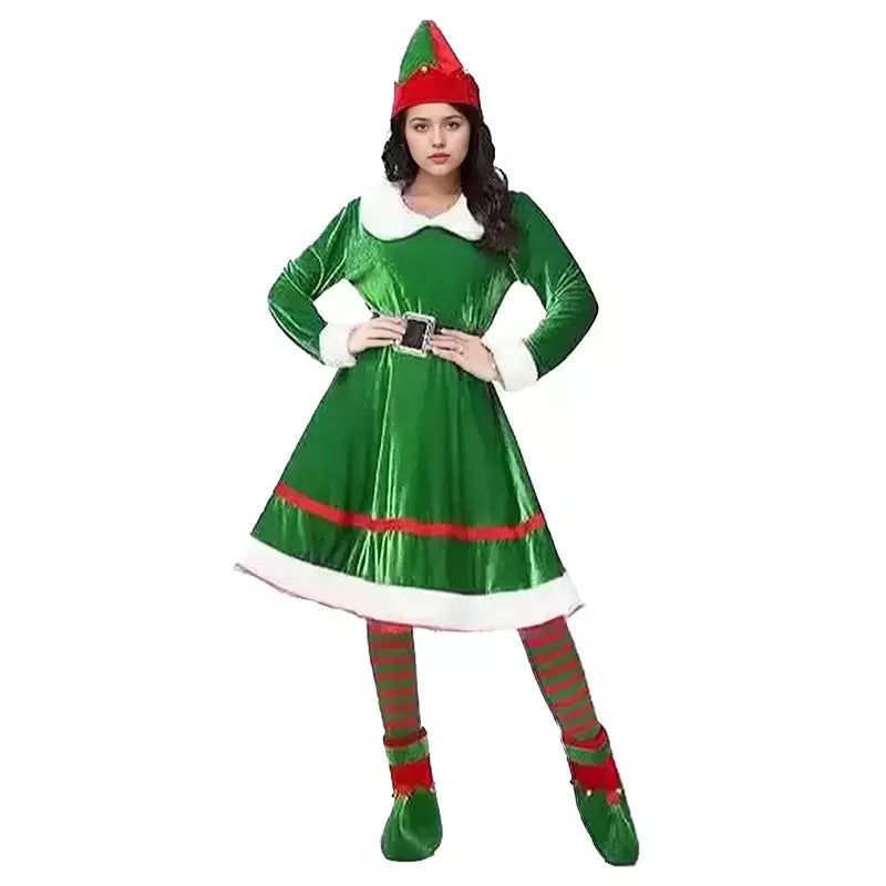 Traje de papai noel vestido de elfo de natal roupa feminina veludo festa cosplay vestidos verdes com chapéu meias cinto e sapatos terno