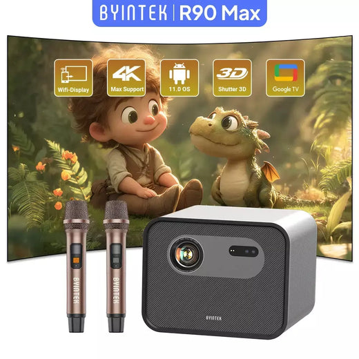 BYINTEK R90 Max 4K Projetor Full HD 1080P 2200 Anis Lumens Android 11.0 WiFi 6 Projetores de cinema em casa com foco automático