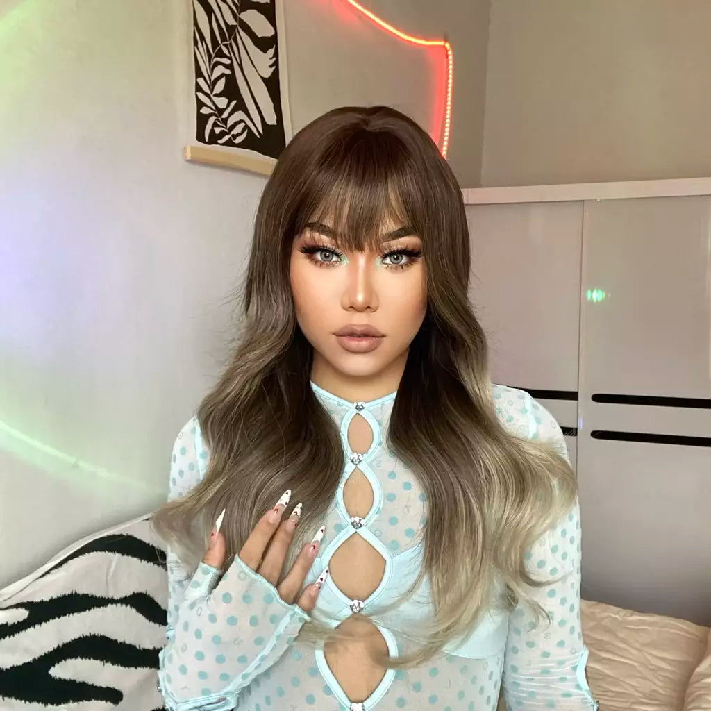 Louis ferre longo ombre loira perucas sintéticas com franja para mulheres onda natural penteado fibra resistente ao calor cosplay perucas marrons