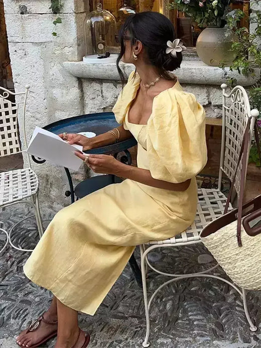 Vestido midi elegante e recortado para mulheres, gola quadrada, manga folhada, vestido de fenda para senhora, elegante moda de festa, amarelo, verão, 2024