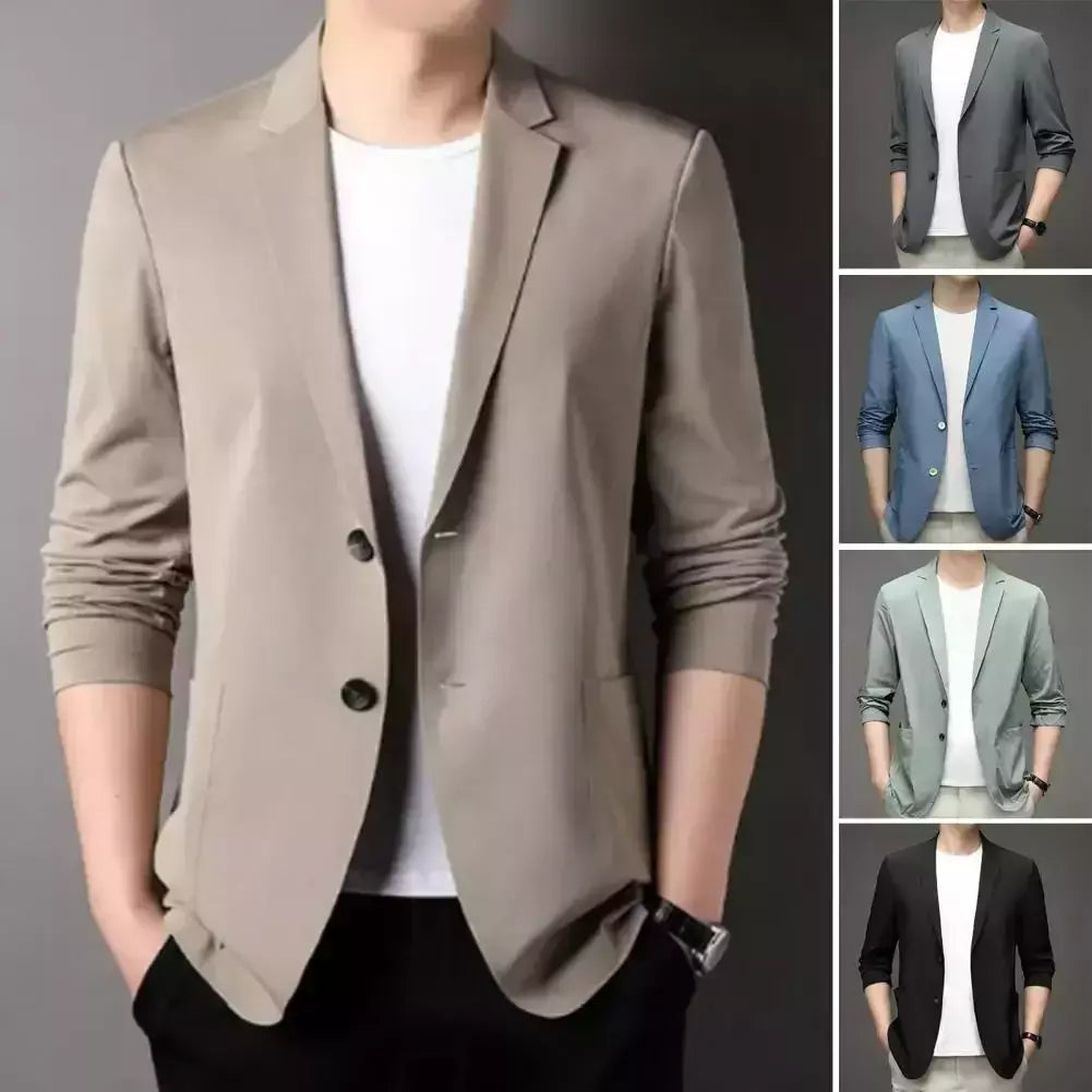 Blazers de negócios monocromáticos masculinos, blazers slim fit, botões duplos, lapela, mangas 3/4, terno de deslocamento, casaco do noivo
