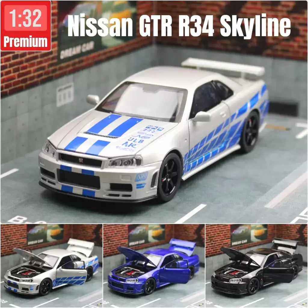 1/32 nissan skyline gtr r34 jdm modelo de carro de brinquedo diecast veículo em miniatura som & luz puxar para trás coleção presente crianças menino