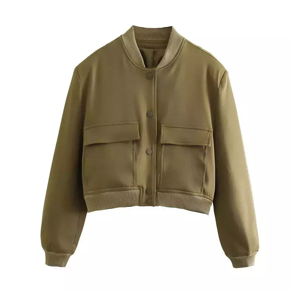 Jaqueta Bomber Cropped feminina, Casaco de manga comprida, Beisebol de botões, Casaco Aviador, Preto, Branco, Outono, Inverno