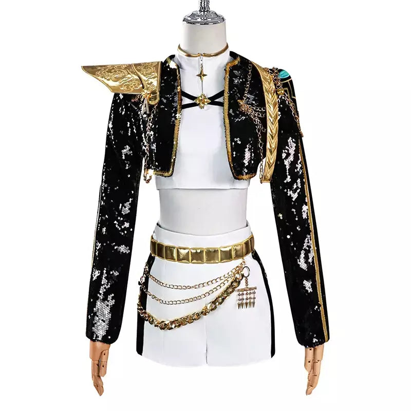 Rumi Zoey Mira Cosplay Peruca Mulheres Preto Terno Dourado Festa de Halloween Role Playing Outfit