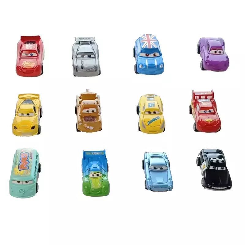 Mini 12 pçs disney pixar carros 3 pistão copo rebote carro coleção relâmpago mcqueen jackson tempestade pvc modelo de carro brinquedo para crianças
