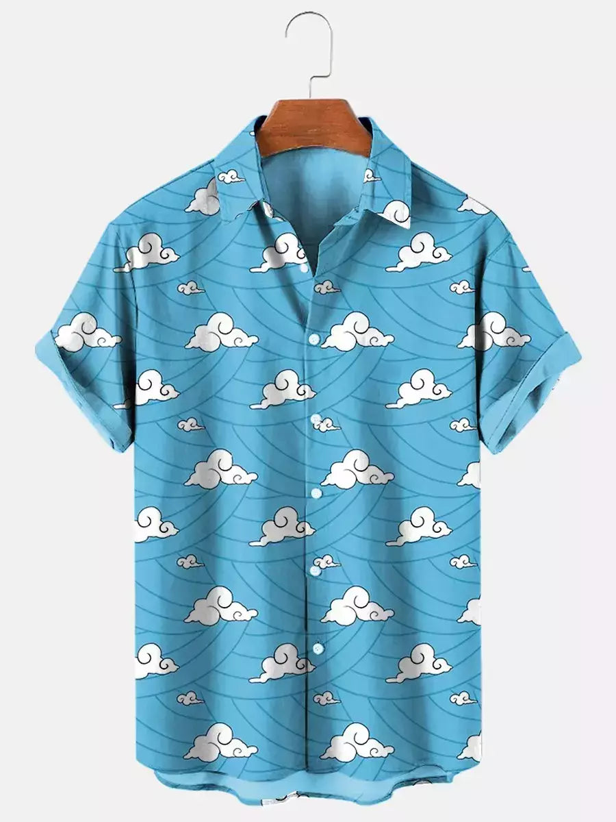 Camisa de botão de impressão 3D com padrões de nuvens e ondas, lapela manga curta, roupa unissex, tops casuais, férias de verão, nova