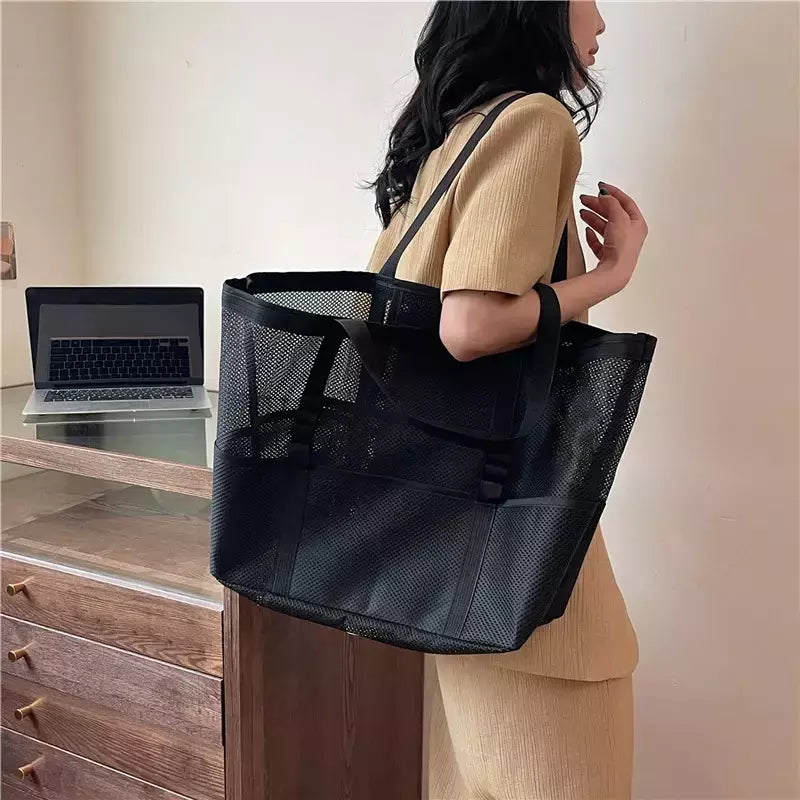 Bolsa de praia de malha portátil para mulheres, maquiagem, bolsa de lavagem, organizador de banho, Shopper Totes, verão