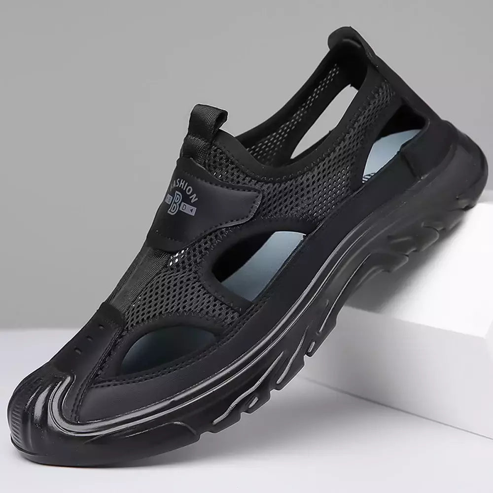 Sandálias Baotou respiráveis masculinas, sapatos de malha oca, leves, antiderrapantes, esportes casuais, ao ar livre, praia, verão