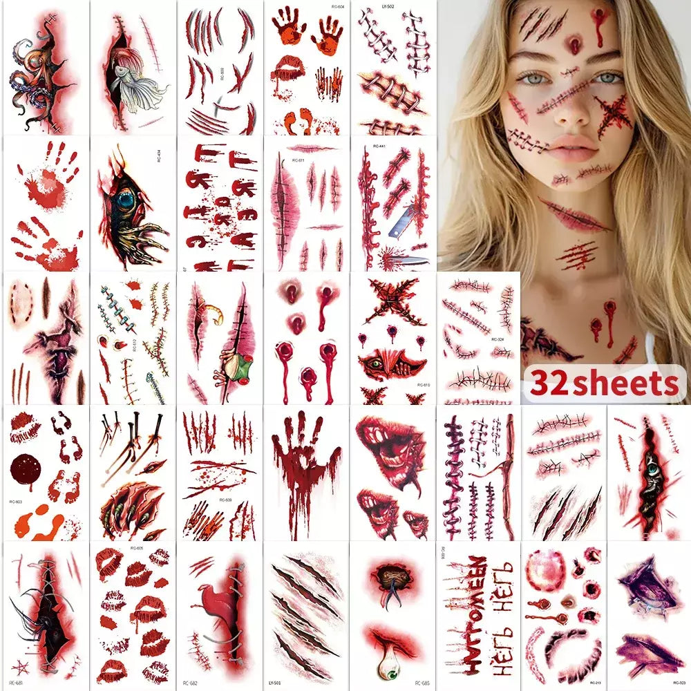 32 peças tatuagens temporárias de cicatriz falsa 3D de Halloween - designs de feridas sangrenas e zumbi para rosto/corpo, festa de fantasia, brincadeira e cosplay ?