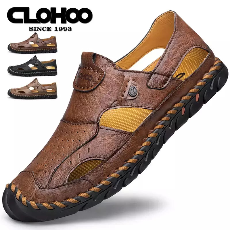 Tampão-sapatos de couro respirável para homens, sapatos de buraco oco, fundo macio, superfície macia, sandálias casuais