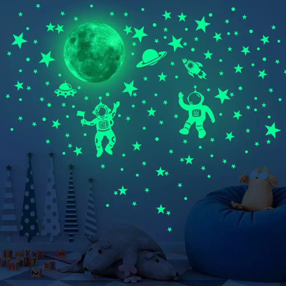 Adesivo de parede luminoso astronauta para decoração de casa, papel de parede estrela e lua, brilho no escuro, decalques autoadesivos, quarto e quarto infantil