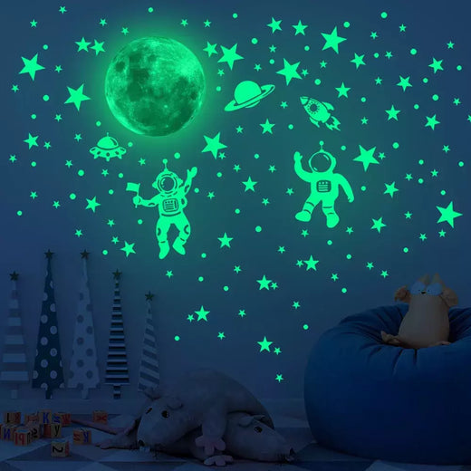 Adesivo de parede luminoso astronauta para decoração de casa, papel de parede estrela e lua, brilho no escuro, decalques autoadesivos, quarto e quarto infantil