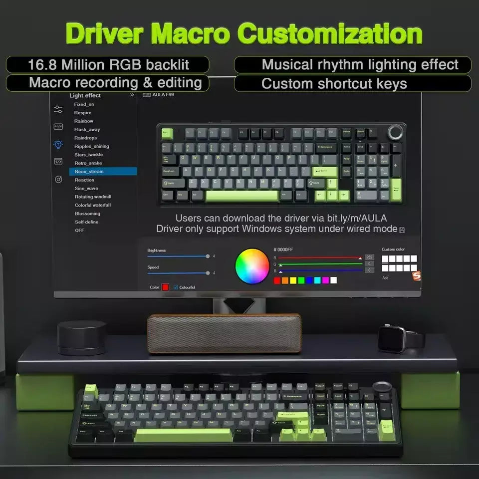 Teclado mecânico para jogos AULA F99PRO, 99 teclas, três modos, sem fio, estrutura de junta permutável, teclado personalizado com botão de mídia