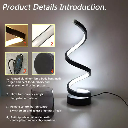Modern Minimalista Espiral Desk Lamp, fio controlado, 3 cores, LED Luz Ambiente, Adequado para Bares, Cafés, Quartos
