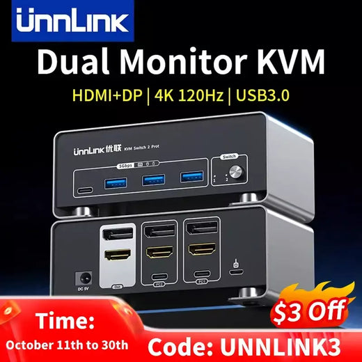 Unnlink 4K 240Hz HDMI + DP Dual Monitor KVM Switch 2 Monitor 2 Computador 8K 60Hz com USB 3.0 para Win/Mac PC Share Mouse Teclado