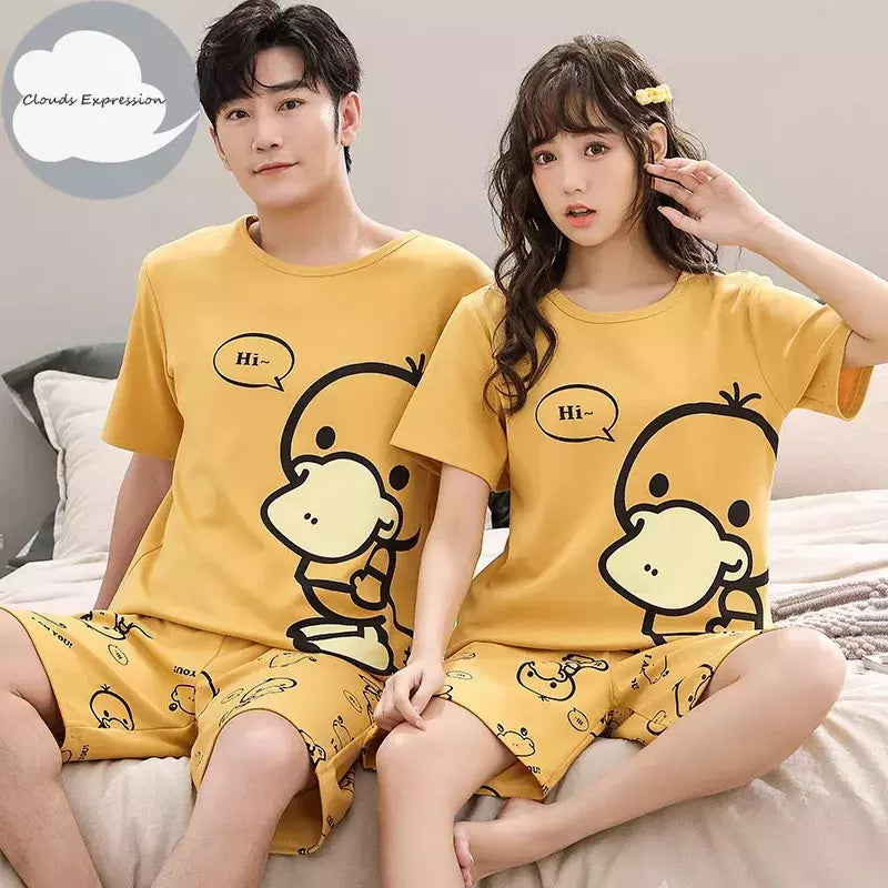 Desenhos animados pato impressão pijama conjuntos para jovens amantes, pijamas de algodão, ternos curtos para casais, moda homewear, verão, 4XL