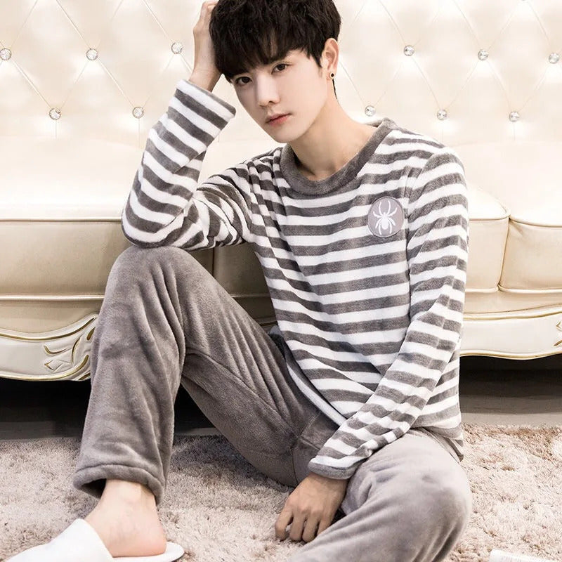 Pijama de lã coral masculino de 2 peças, gola redonda, manga comprida, conjuntos lounge, terno doméstico, impressão de moda, outono, inverno, homem, novo