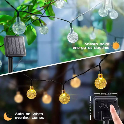 Solar Crystal Ball Fairy String Lights, decoração de Natal impermeável, guirlanda de acampamento ao ar livre, festa de jardim, 5m, 20L, 1Pc