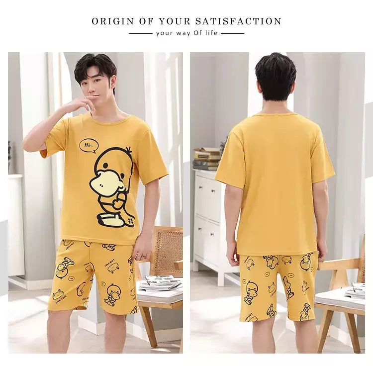 Desenhos animados pato impressão pijama conjuntos para jovens amantes, pijamas de algodão, ternos curtos para casais, moda homewear, verão, 4XL