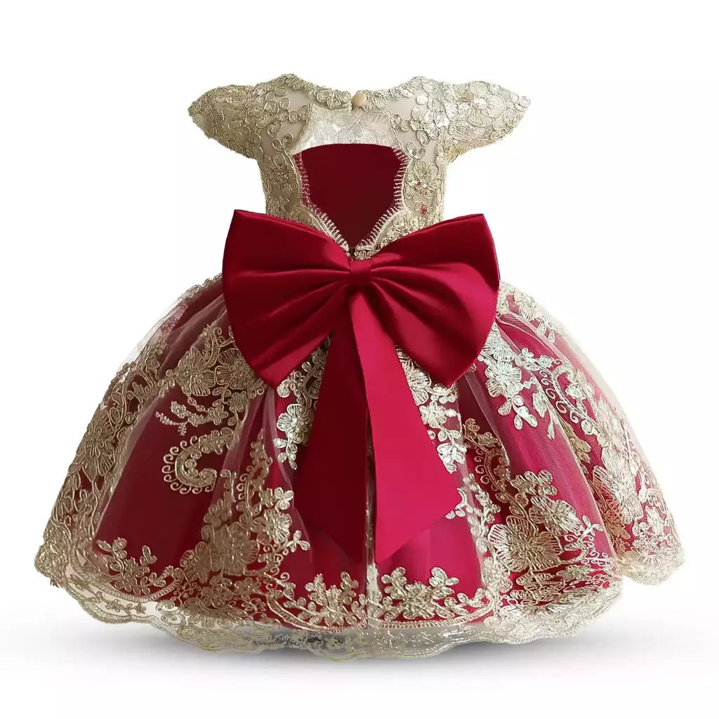 Bordado Elegante Crianças Princesa Vestidos para Meninas Luxo Golden Lace Vintage Crianças Festival Party Gown Bebê Batismo Vestidos